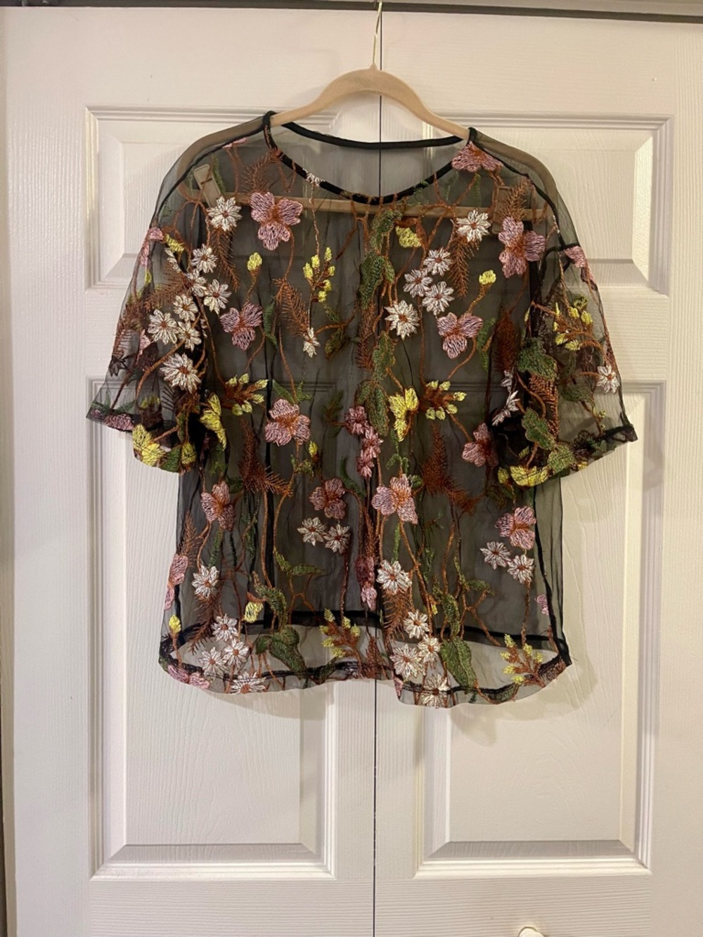 SHEIN Black Sheer Floral Embroidered Short Sleeve Top with Pink & Green